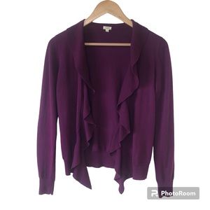 J CREW Factory Plum Ruffle Front Open Cardigan